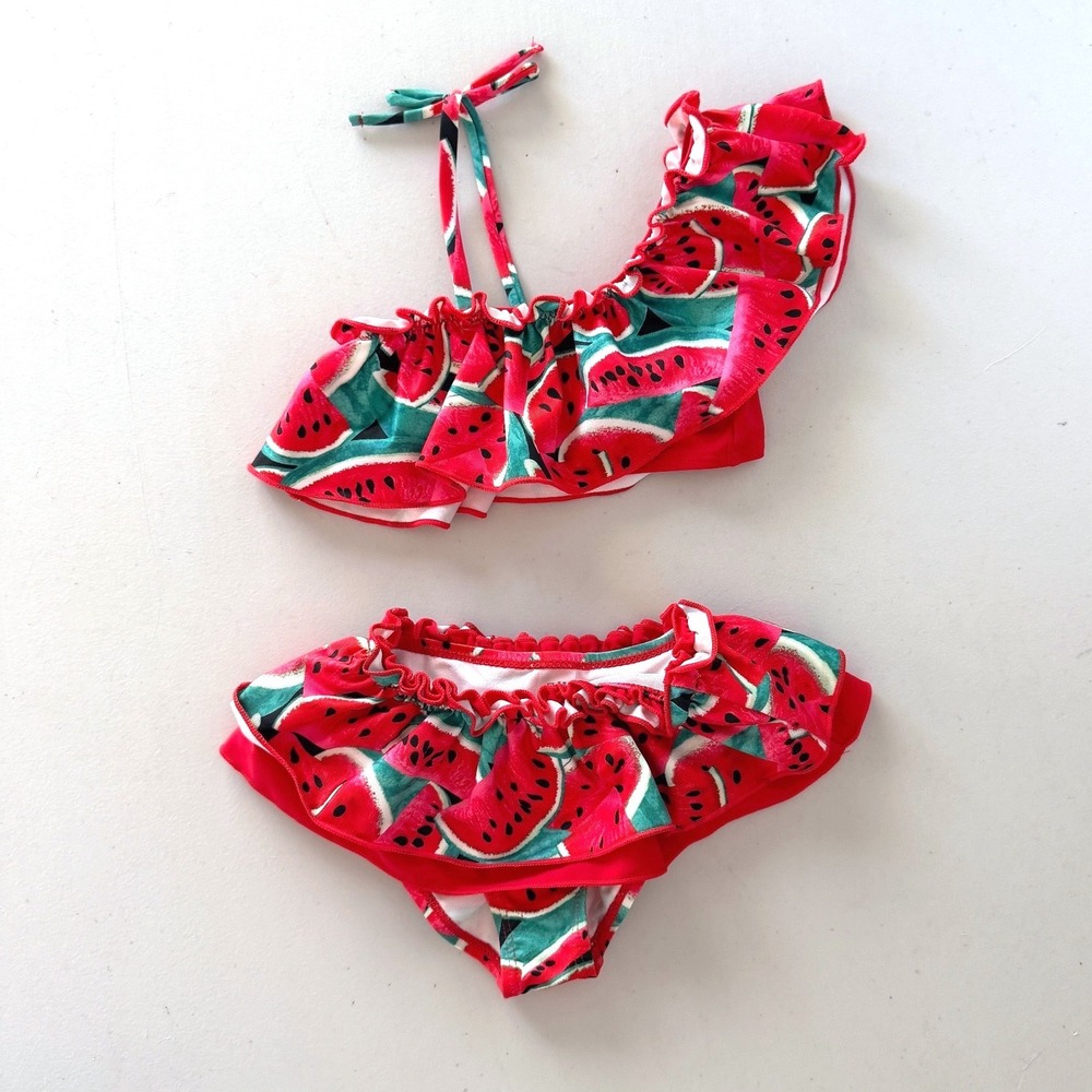 Baby Girls Watermelon Print Ruffle Two Piece Swimsuit Set Red 6-9M
